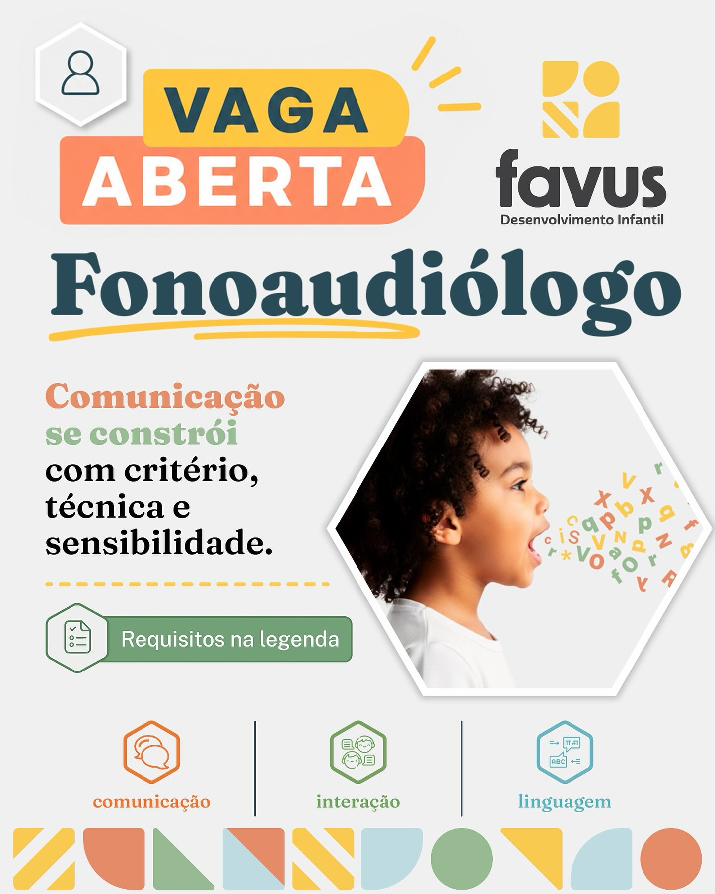 CONTRATA-SE FONOAUDIÓLOGO 🐝Buscamos profissionais experientes, que queiram atuar em um espaço onde técnica, ética e consistência são inegociáveis.Diferente do que se vê no mercado, nossa contratação é celetista (CLT) — com valorização profissional real, plano de carreira e condições que respeitam o trabalho do fonoaudiólogo.Nossa estrutura conta com:🗣️ Sala própria para Fonoaudiologia, segundo os critérios da VISA;🧩 Recursos e ambientes preparados para intervenções em linguagem, comunicação e habilidades funcionais;👥 Equipe multidisciplinar integrada;📋 Coordenação clínica ativa e suporte técnico contínuo.📌 CLT com valorização real📌 Plano de carreira estruturado📌 Ambiente colaborativo, organizado e comprometido📌 Oportunidade de crescimento profissional com ampliação de responsabilidades técnicasSe você se identifica com essa forma de atuar e busca um espaço onde a fonoaudiologia é levada a sério, registre seu interesse no link “Trabalhe Conosco” na bio.Favus Desenvolvimento Infantil💛🐝