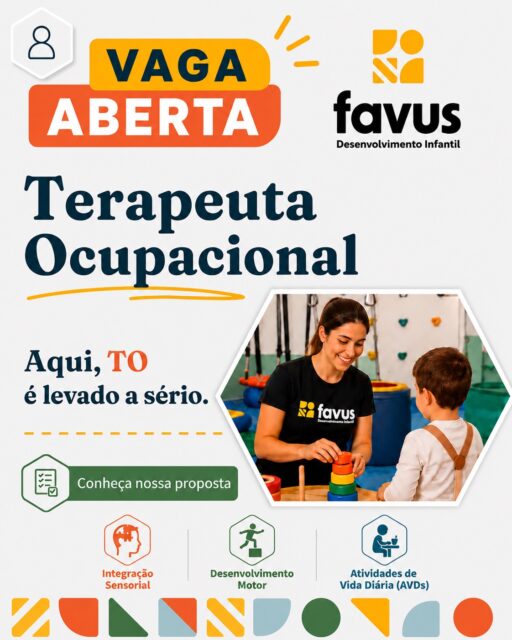 TERAPEUTA OCUPACIONAL 🐝Aqui, TO é levado a sério.Se você acredita que a Terapia Ocupacional vai muito além da execução de sessões, talvez seja hora de conhecer a nossa proposta.Na Favus, o terapeuta ocupacional participa ativamente de todas as etapas do processo terapêutico: avaliação, elaboração do plano terapêutico, definição de objetivos terapêuticos, intervenção, reavaliação e devolutiva às famílias.Valorizamos o raciocínio clínico, a prática baseada em evidências e a construção de um cuidado verdadeiramente individualizado.Aqui você encontrará:🟡 Sala exclusiva de Integração Sensorial conforme a Medida de Fidelidade de Ayres®, equipada com recursos Spider®;🟡 Ambiente estruturado para intervenções em Integração Sensorial, Desenvolvimento Motor e Atividades de Vida Diária (AVDs);🟡 Equipe multidisciplinar integrada, coordenação clínica atuante e discussões periódicas de casos clínicos, favorecendo decisões compartilhadas e o desenvolvimento técnico contínuo.Procuramos profissionais experientes, comprometidos com a excelência clínica e que desejem construir uma trajetória sólida em um ambiente onde a Terapia Ocupacional seja efetivamente valorizada.Na Favus, acreditamos que profissionais diferenciados devem ser reconhecidos de forma compatível com sua experiência, qualificação e responsabilidade. Por isso, a proposta será construída individualmente para o candidato selecionado.Se essa forma de exercer a Terapia Ocupacional faz sentido para você, será um prazer conversar.📲 Manifeste seu interesse pelo link “Trabalhe Conosco” disponível na bio.Favus Desenvolvimento Infantil 💛🐝