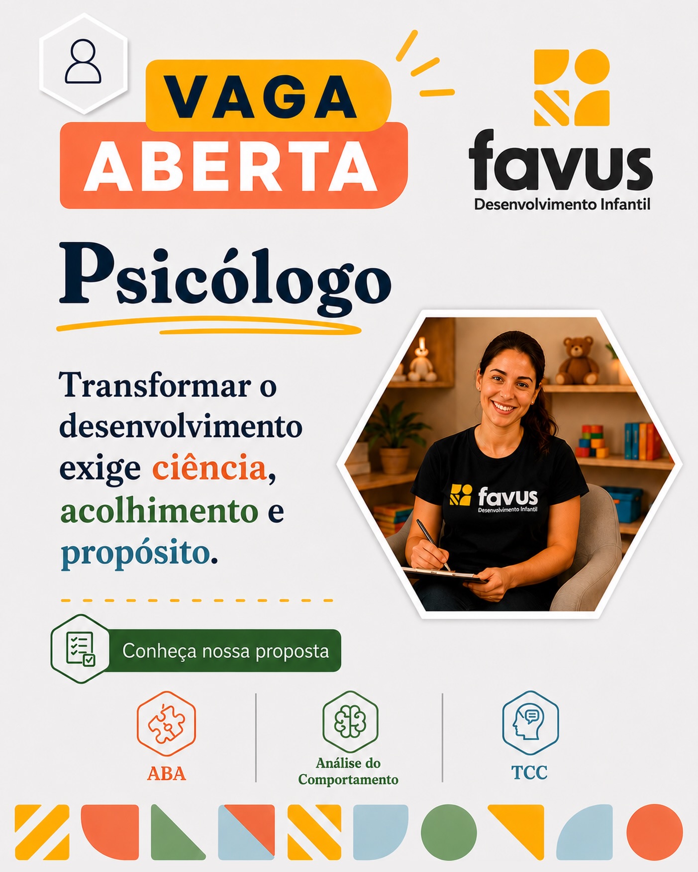 VAGA ABERTA | PSICÓLOGO 🐝Procuramos psicólogos experientes que acreditam na ciência, valorizam o trabalho interdisciplinar e desejam atuar em uma clínica estruturada para oferecer intervenções de excelência.Aqui você encontrará:🟡 Estrutura planejada para intervenções clínicas de qualidade;🟡 Corpo clínico experiente, coordenação clínica atuante e discussão interdisciplinar de casos;🟡 Contratação com valorização real e proposta individual construída de acordo com sua experiência, qualificação e disponibilidade.Se você acredita que excelência clínica se constrói com ciência, colaboração e desenvolvimento contínuo, queremos conhecer você.📲 Manifeste seu interesse pelo link “Trabalhe Conosco” disponível na bio.Favus Desenvolvimento Infantil 💛🐝