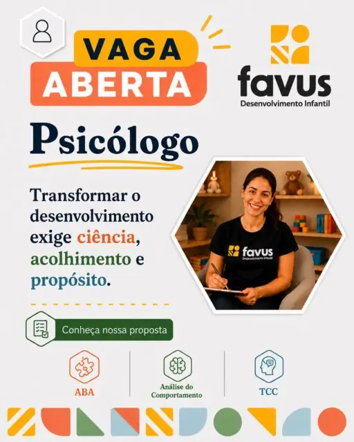 VAGA ABERTA | PSICÓLOGO 🐝Procuramos psicólogos experientes que acreditam na ciência, valorizam o trabalho interdisciplinar e desejam atuar em uma clínica estruturada para oferecer intervenções de excelência.Aqui você encontrará:🟡 Estrutura planejada para intervenções clínicas de qualidade;🟡 Corpo clínico experiente, coordenação clínica atuante e discussão interdisciplinar de casos;🟡 Contratação com valorização real e proposta individual construída de acordo com sua experiência, qualificação e disponibilidade.Se você acredita que excelência clínica se constrói com ciência, colaboração e desenvolvimento contínuo, queremos conhecer você.📲 Manifeste seu interesse pelo link “Trabalhe Conosco” disponível na bio.Favus Desenvolvimento Infantil 💛🐝